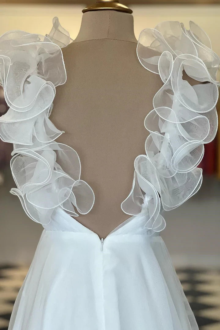 Off Sleeves Backless A-Line Surplice Ruffles Prom Dress