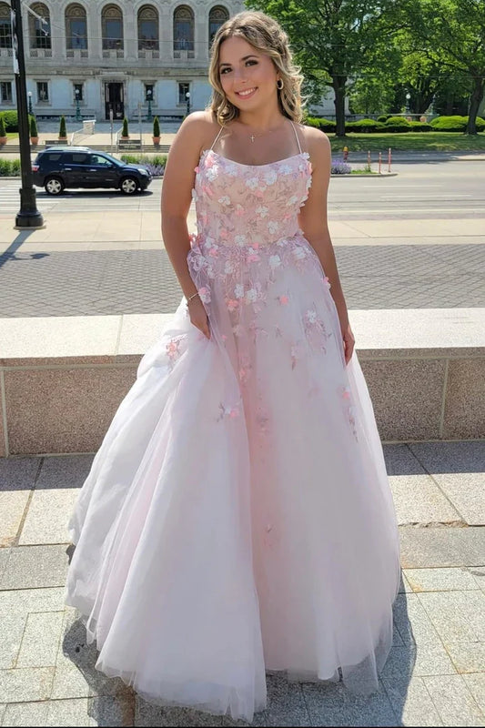 Tulle Lace-Up Back Prom Dress with 3D Floral Lace