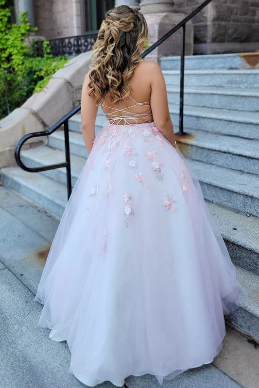 Tulle Lace-Up Back Prom Dress with 3D Floral Lace