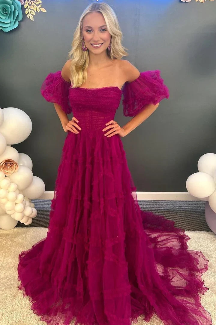A-Line Strapless Ruffles Prom Dress with Puff Sleeves