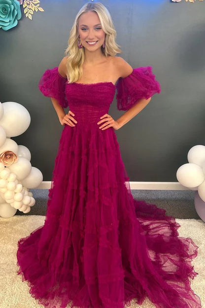 A-Line Strapless Ruffles Prom Dress with Puff Sleeves