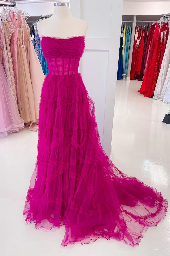 A-Line Strapless Ruffles Prom Dress with Puff Sleeves