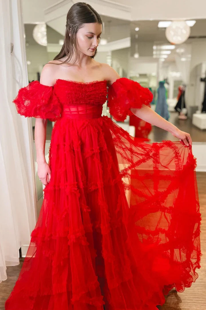 A-Line Strapless Ruffles Prom Dress with Puff Sleeves