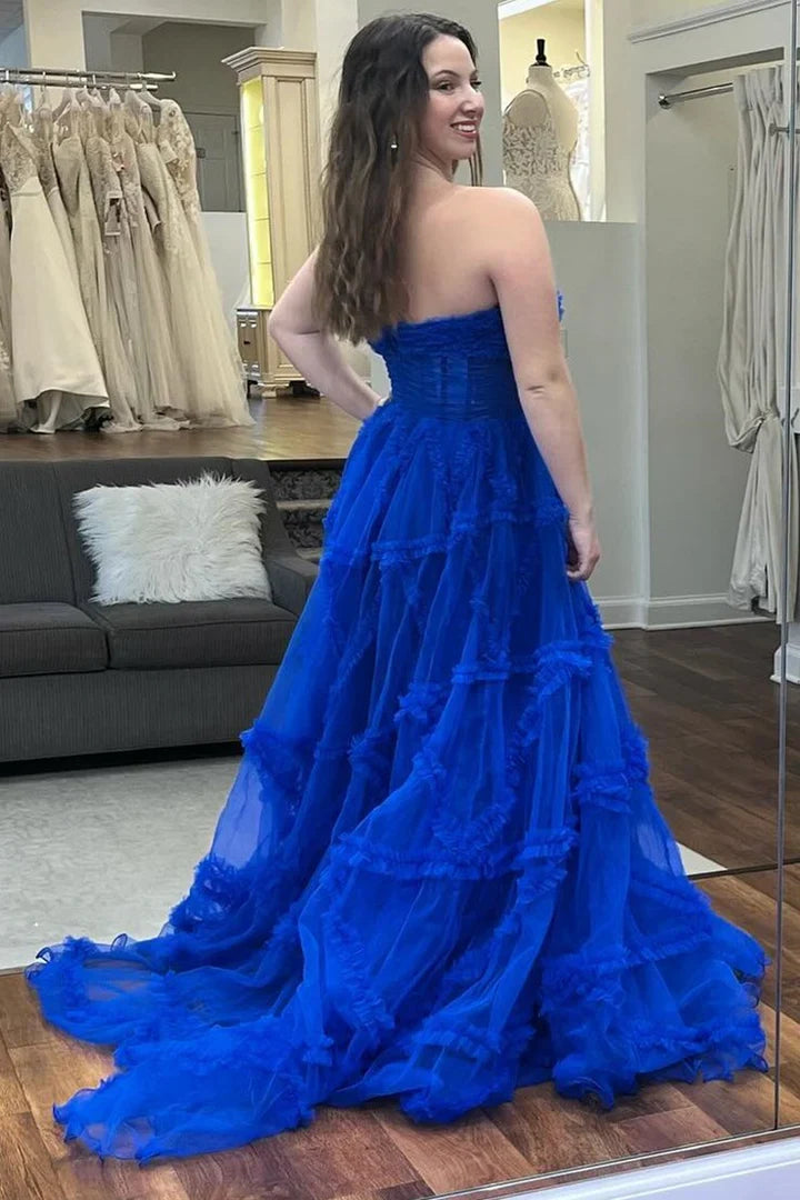 A-Line Strapless Ruffles Prom Dress with Puff Sleeves