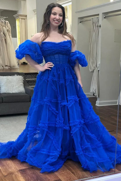 A-Line Strapless Ruffles Prom Dress with Puff Sleeves