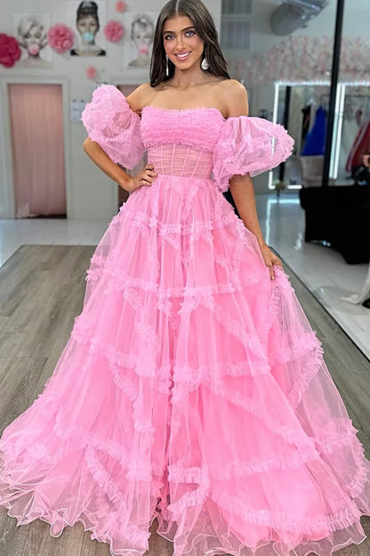 A-Line Strapless Ruffles Prom Dress with Puff Sleeves
