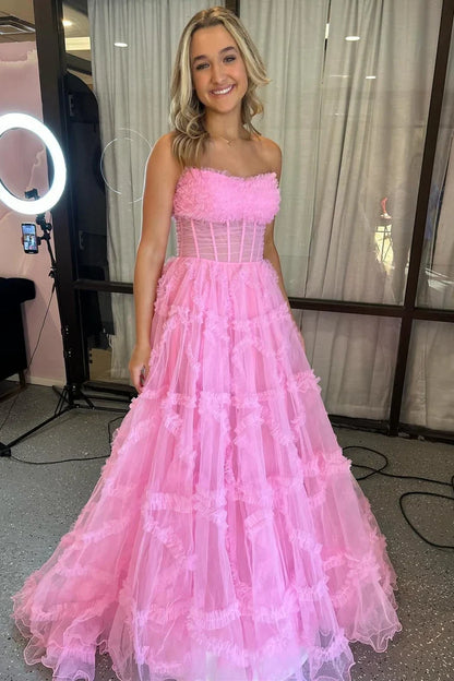 A-Line Strapless Ruffles Prom Dress with Puff Sleeves