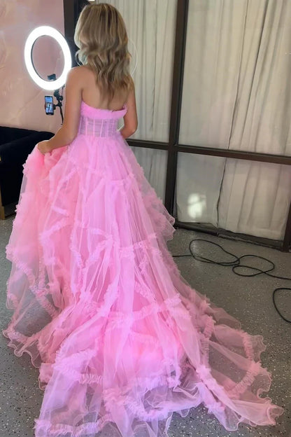 A-Line Strapless Ruffles Prom Dress with Puff Sleeves