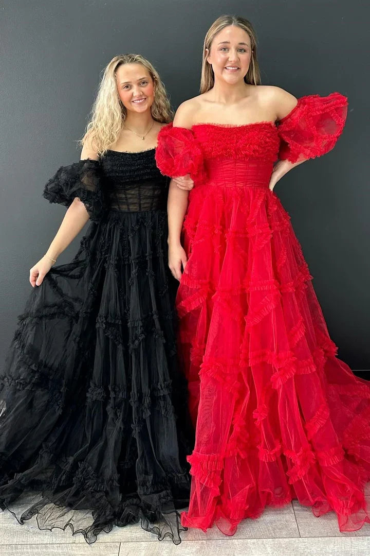 A-Line Strapless Ruffles Prom Dress with Puff Sleeves