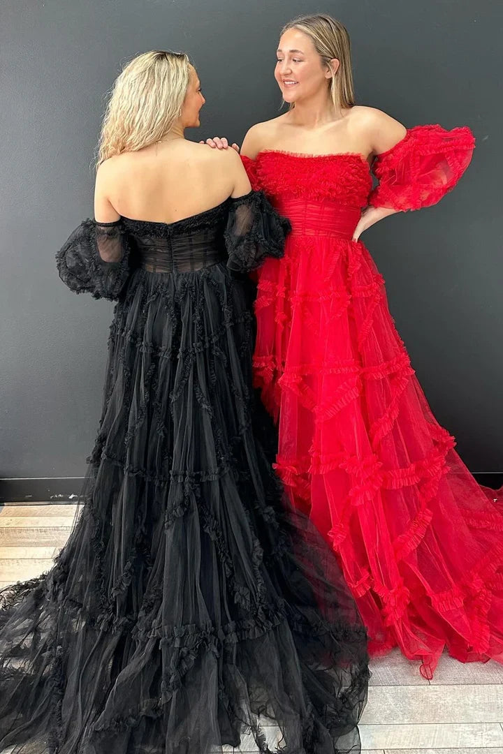 A-Line Strapless Ruffles Prom Dress with Puff Sleeves