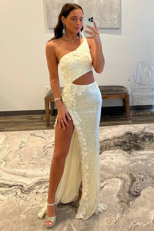 One-Shoulder Cutout Sequin Prom Dress with Floral Applique