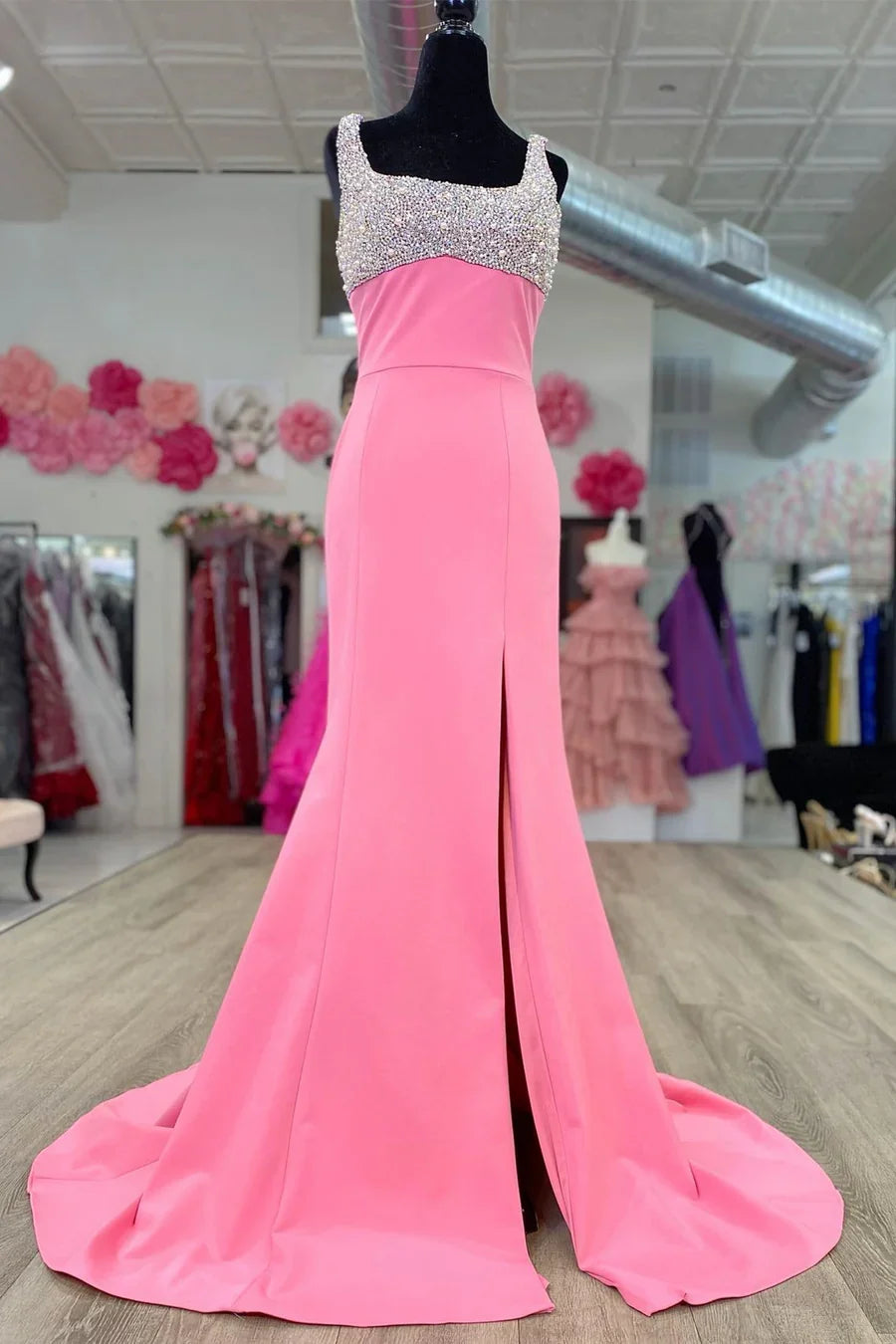 Square Neck Mermaid Beaded Prom Dress with Slit