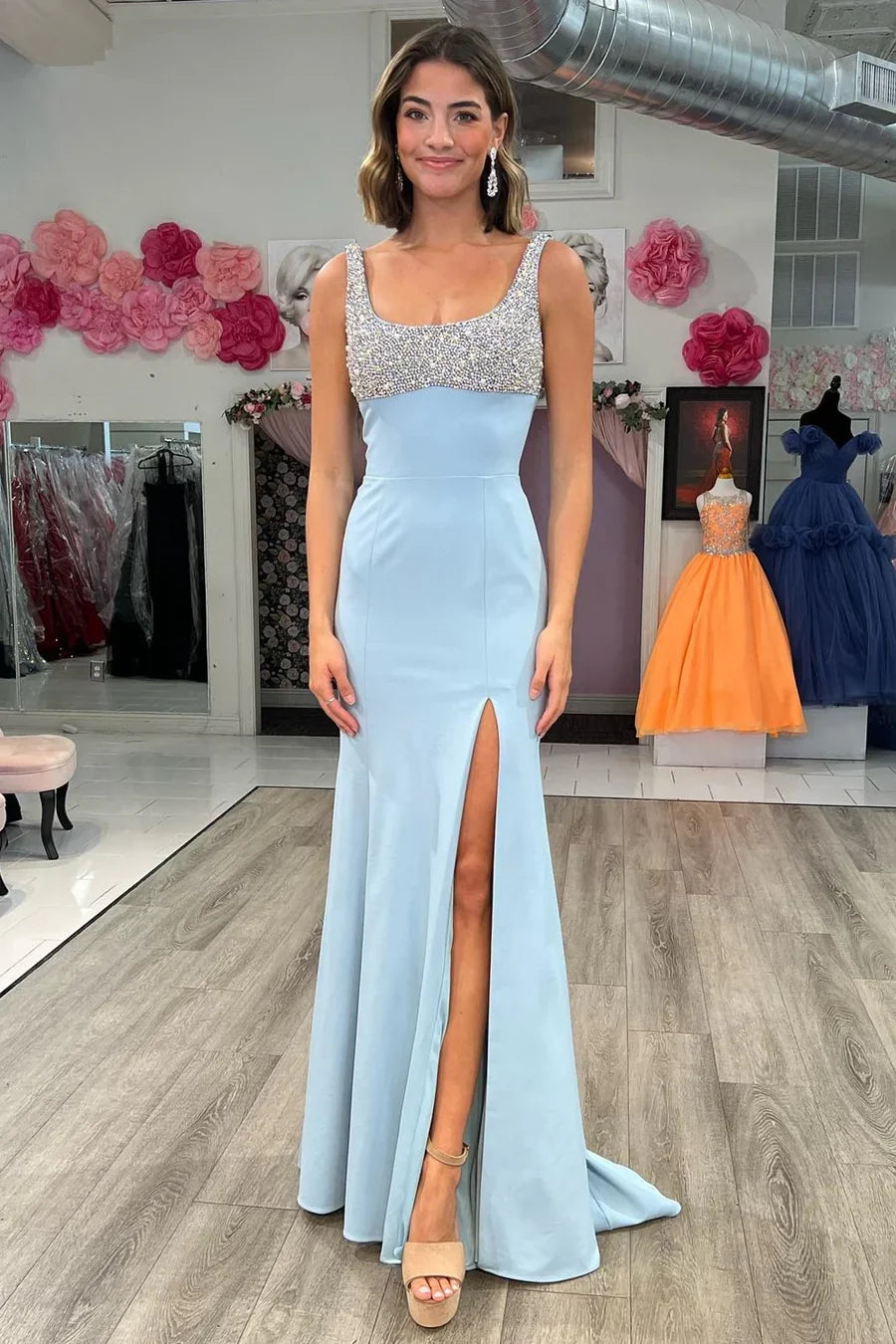 Square Neck Mermaid Beaded Prom Dress with Slit