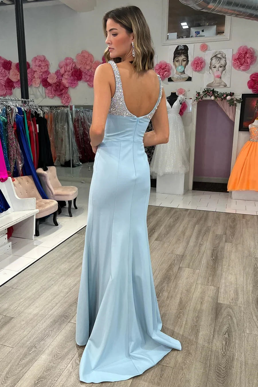 Square Neck Mermaid Beaded Prom Dress with Slit