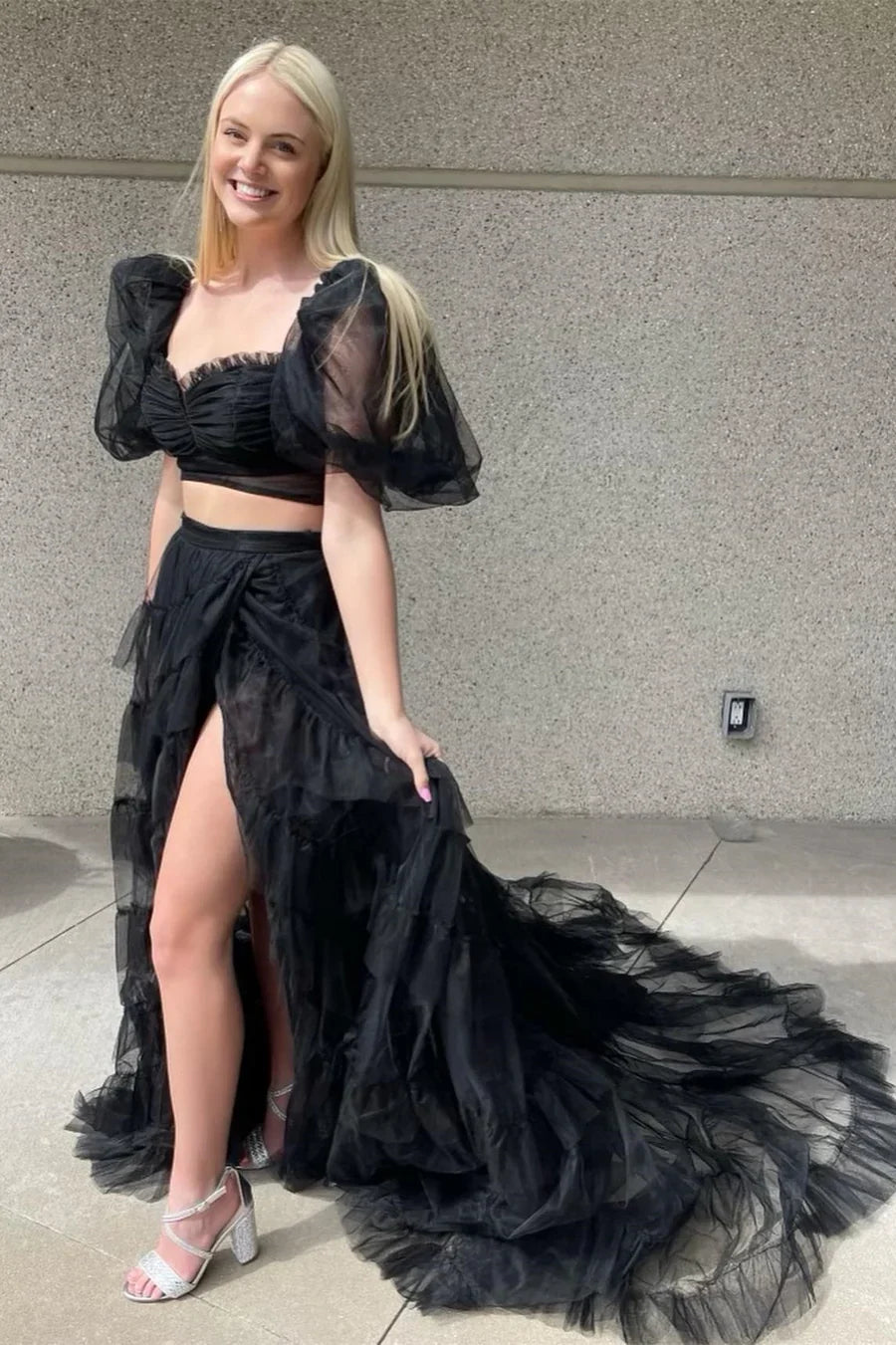 A-Line Two-Piece Tulle Prom Dress with Puff Sleeves