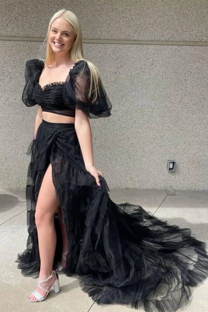 A-Line Two-Piece Tulle Prom Dress with Puff Sleeves