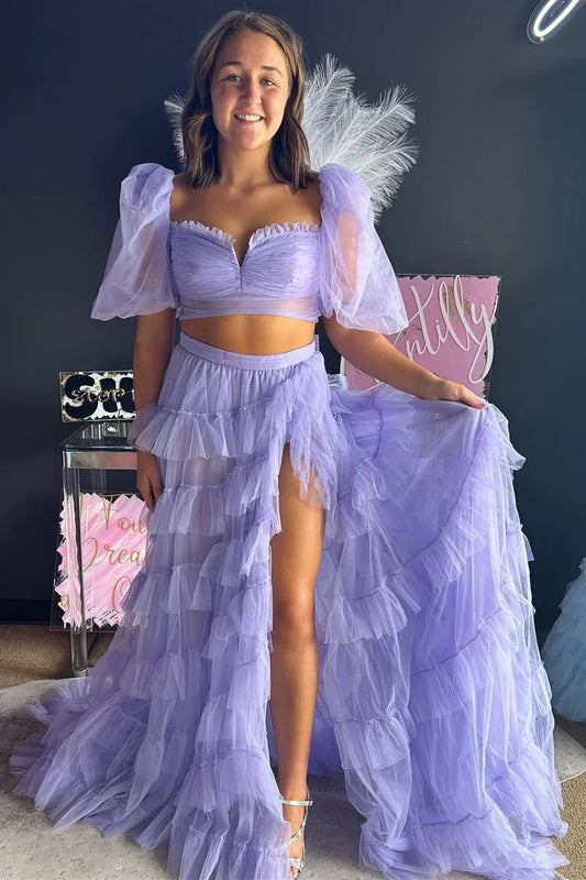 A-Line Two-Piece Tulle Prom Dress with Puff Sleeves
