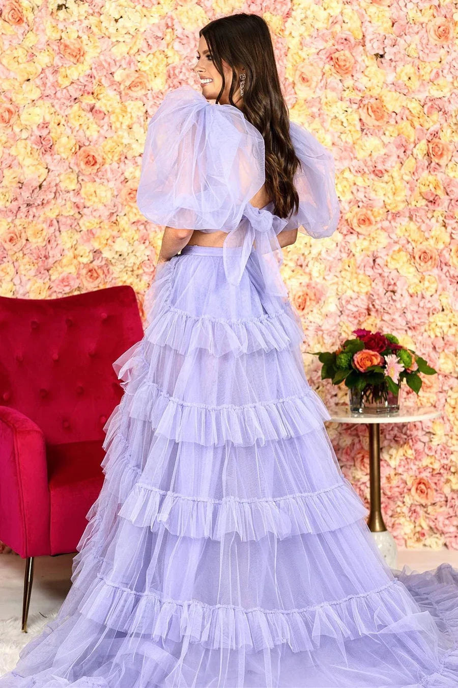A-Line Two-Piece Tulle Prom Dress with Puff Sleeves