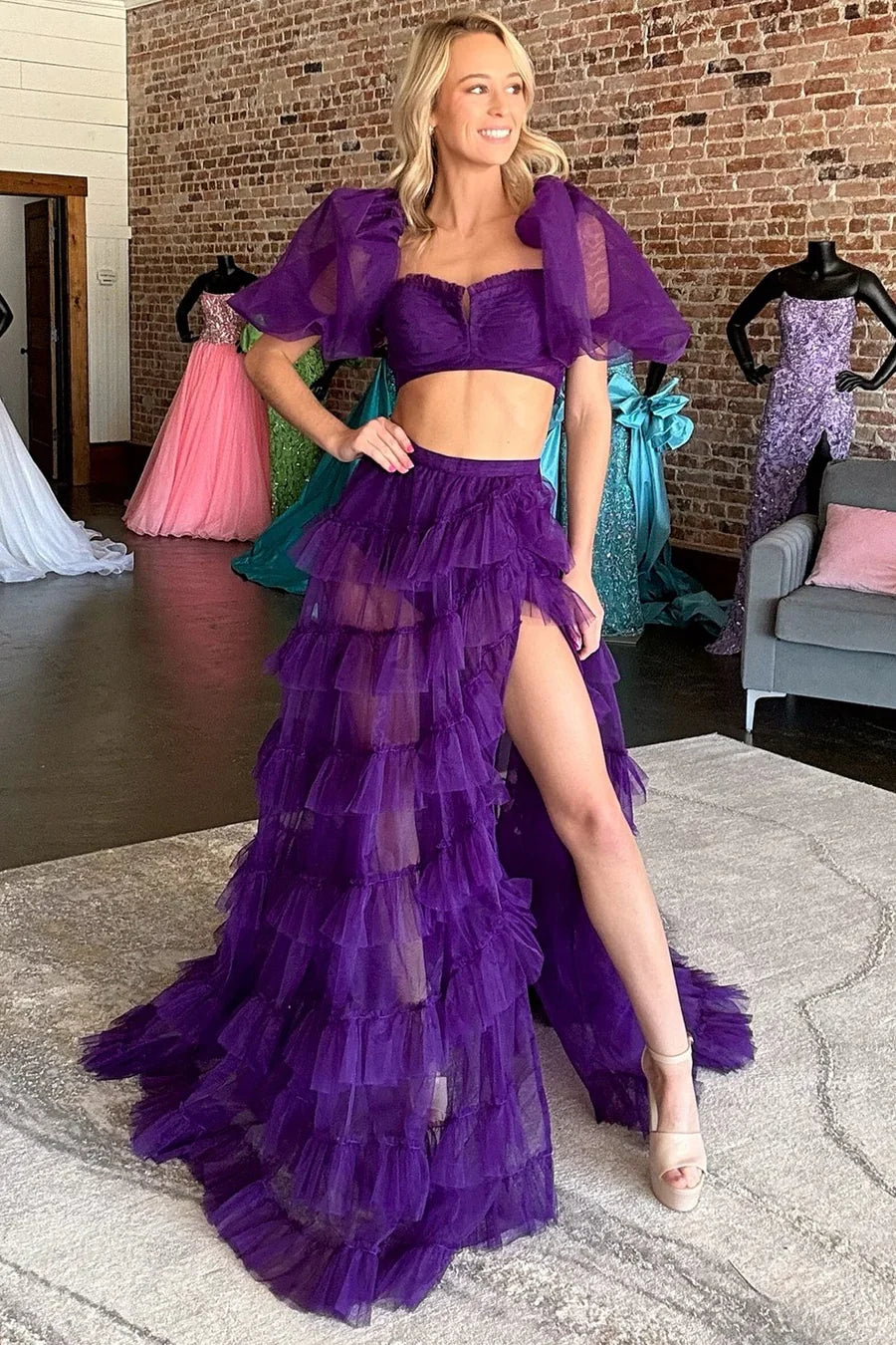 A-Line Two-Piece Tulle Prom Dress with Puff Sleeves