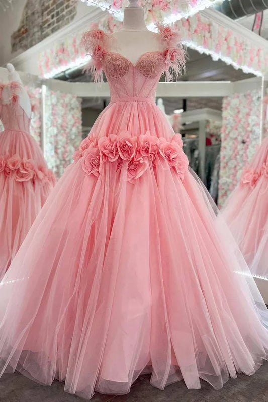 A-Line Off-the-Shoulder Lace Feather Prom Dress with 3D Floral Lace