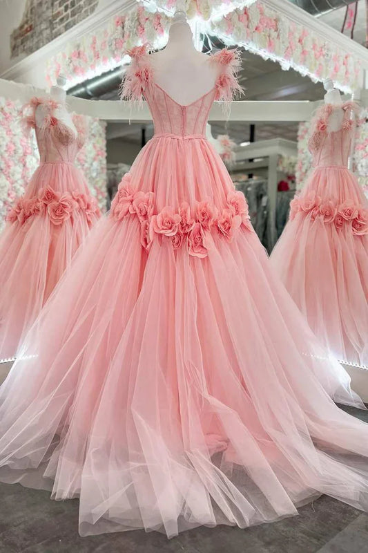 A-Line Off-the-Shoulder Lace Feather Prom Dress with 3D Floral Lace