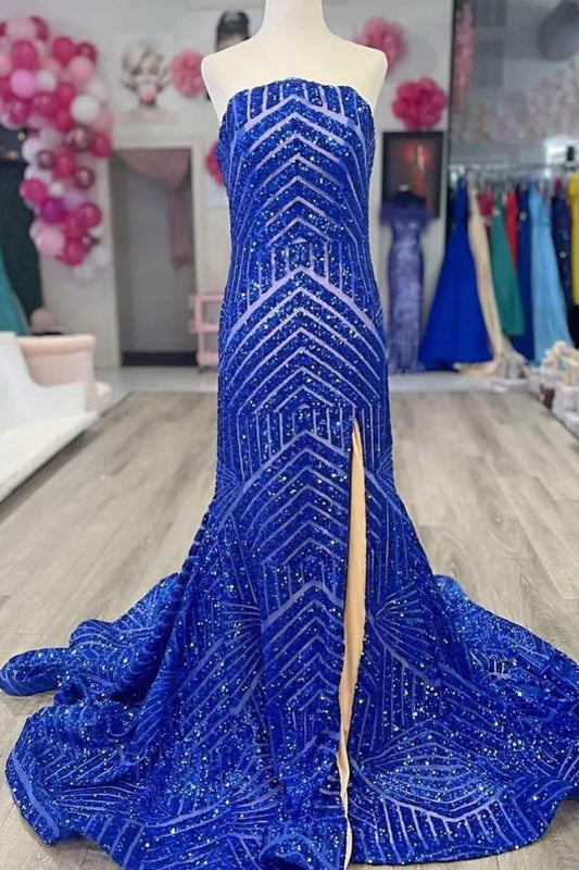 Sequin Strapless Prom Dress with Slit