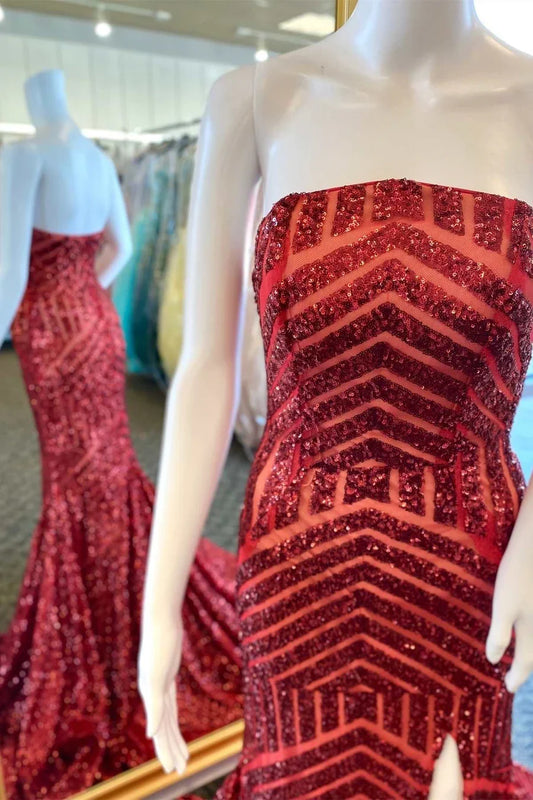 Sequin Strapless Prom Dress with Slit