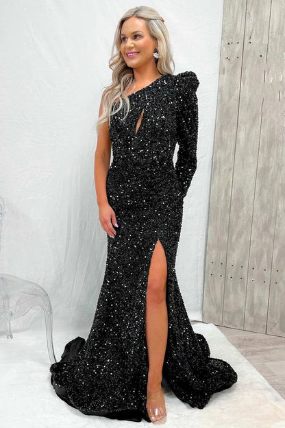One-Sleeve Mermaid Sequin Prom Dress with Slit