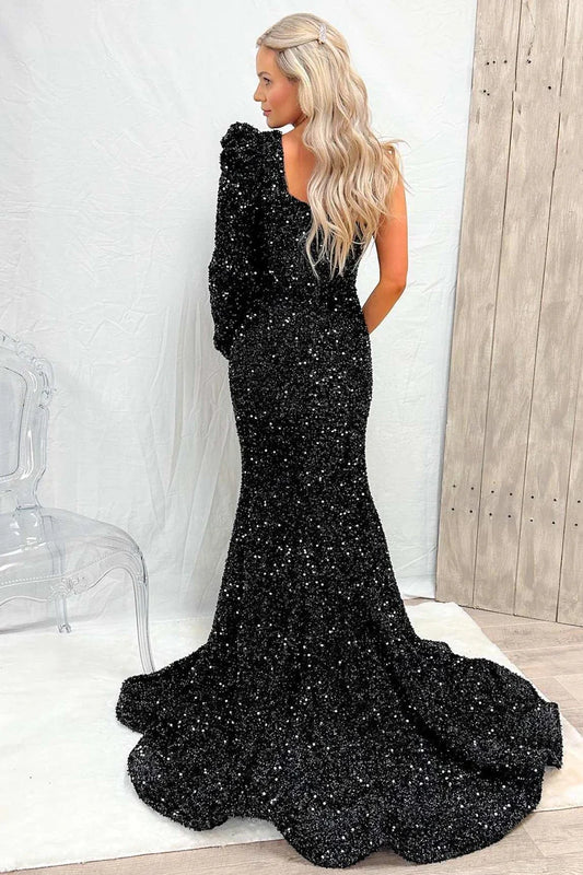 One-Sleeve Mermaid Sequin Prom Dress with Slit