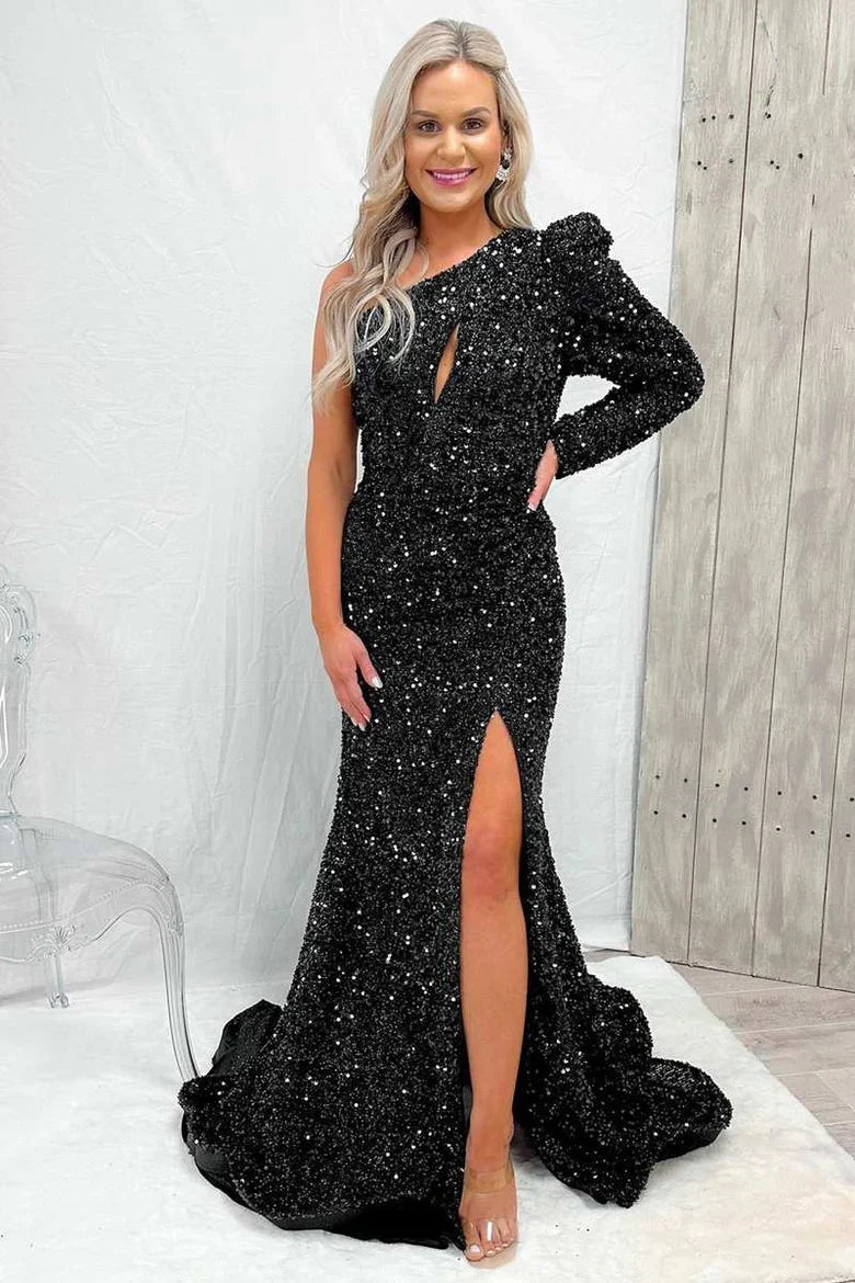 One-Sleeve Mermaid Sequin Prom Dress with Slit