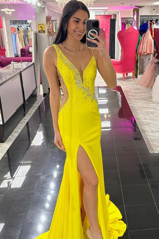 Deep V Neck Cutout Waist Mermaid Beaded Prom Dress with Slit