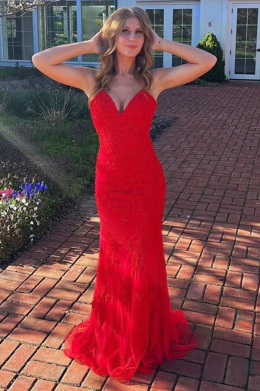 V-Neck Lace-Up Mermaid Slit Prom Dress with Applique
