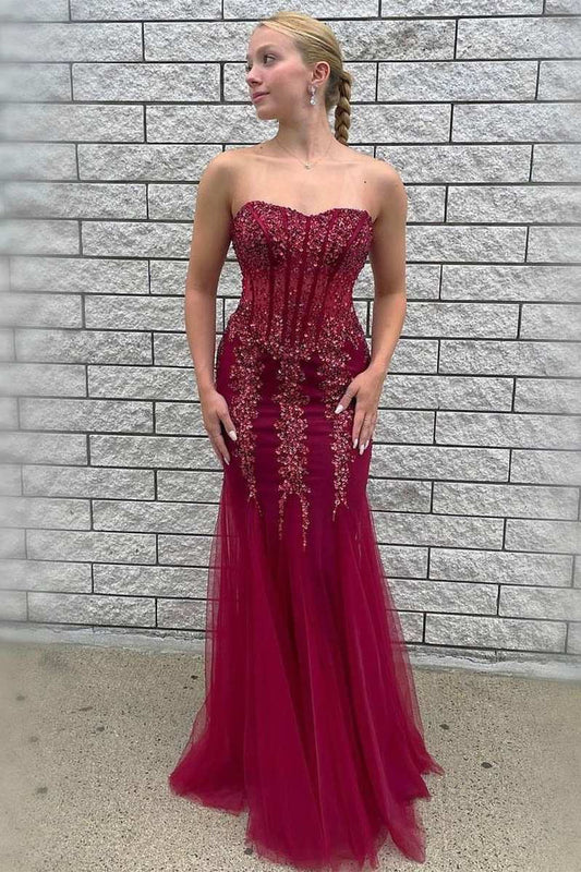 Beaded Strapless Mermaid Tulle Prom Dress