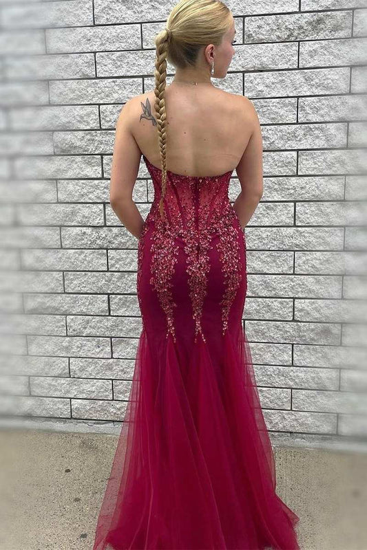 Beaded Strapless Mermaid Tulle Prom Dress