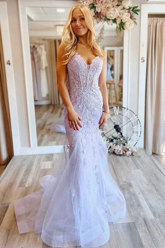 Lace-Up Back Trumpet Tulle Prom Dress With Floral Lace