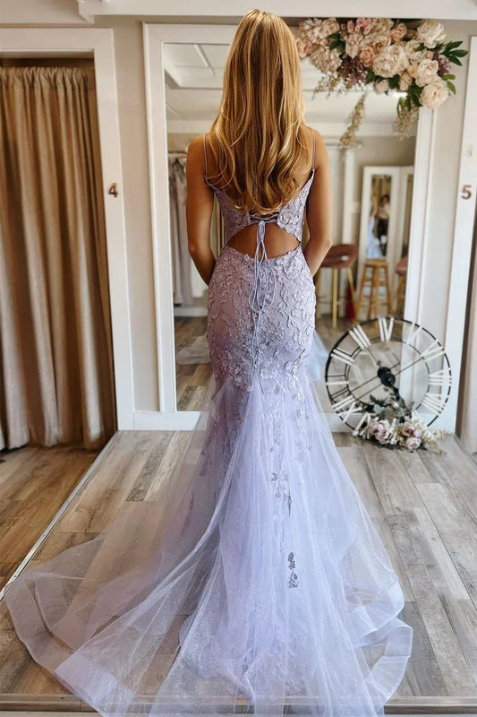 Lace-Up Back Trumpet Tulle Prom Dress With Floral Lace