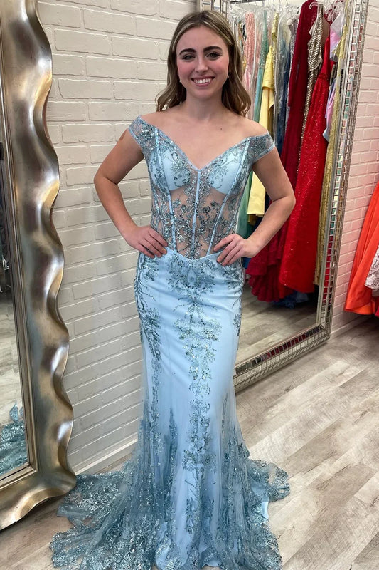 Off-the-Shoulder Sheer Mesh Lace Trumpet Train Prom Dress