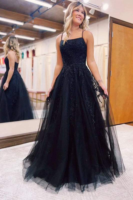 A-Line Applique Lace-Up Back Prom Dress