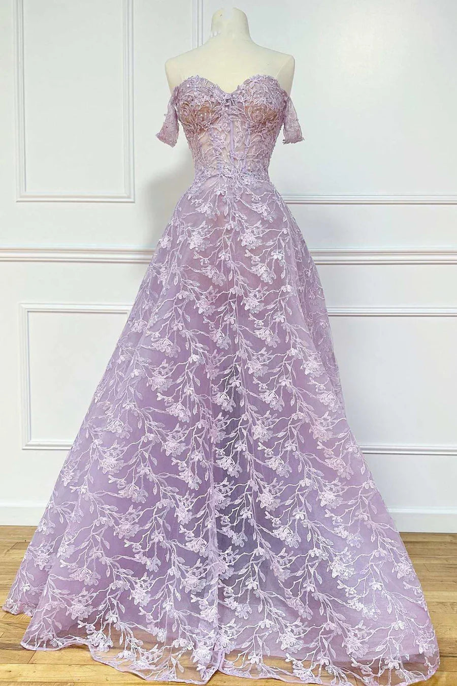 A-Line Off-the-Shoulder Floral Lace Prom Dress