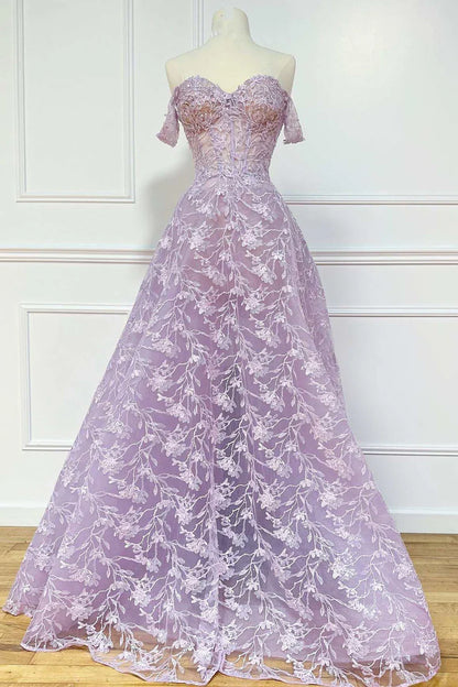 A-Line Off-the-Shoulder Floral Lace Prom Dress