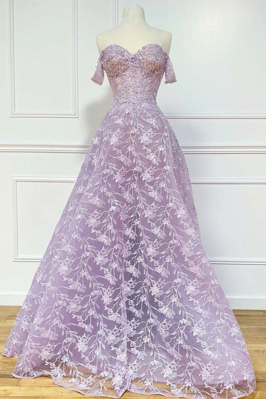 A-Line Off-the-Shoulder Floral Lace Prom Dress