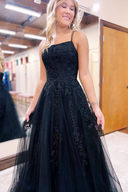 A-Line Applique Lace-Up Back Prom Dress