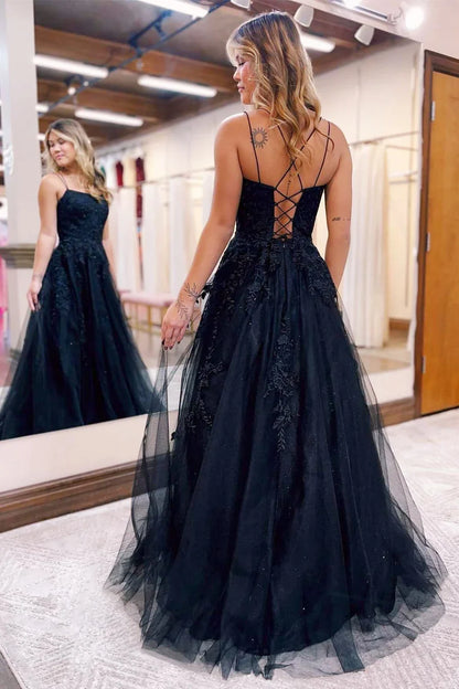 A-Line Applique Lace-Up Back Prom Dress