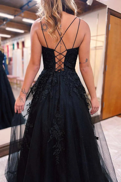A-Line Applique Lace-Up Back Prom Dress