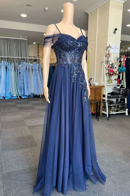 A-Line Tulle Applique Prom Dress With Cold-Shoulder