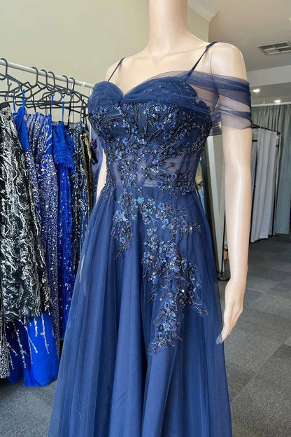 A-Line Tulle Applique Prom Dress With Cold-Shoulder