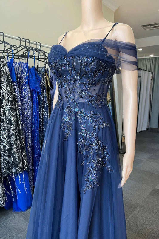 A-Line Tulle Applique Prom Dress With Cold-Shoulder