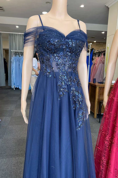 A-Line Tulle Applique Prom Dress With Cold-Shoulder