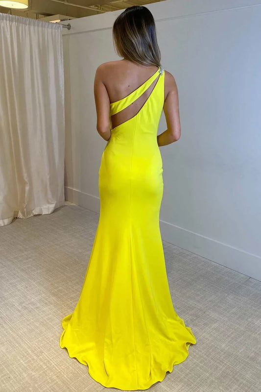 One-Shoulder Rhinestones Cutout Mermaid Prom Dress with Slit