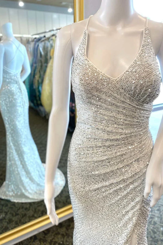 Sequin Neck Lace-Up Mermaid Prom Dress